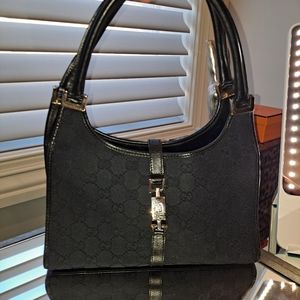 Vintage Gucci Jackie bag blacl canvas with black leather trip, silver hardware
